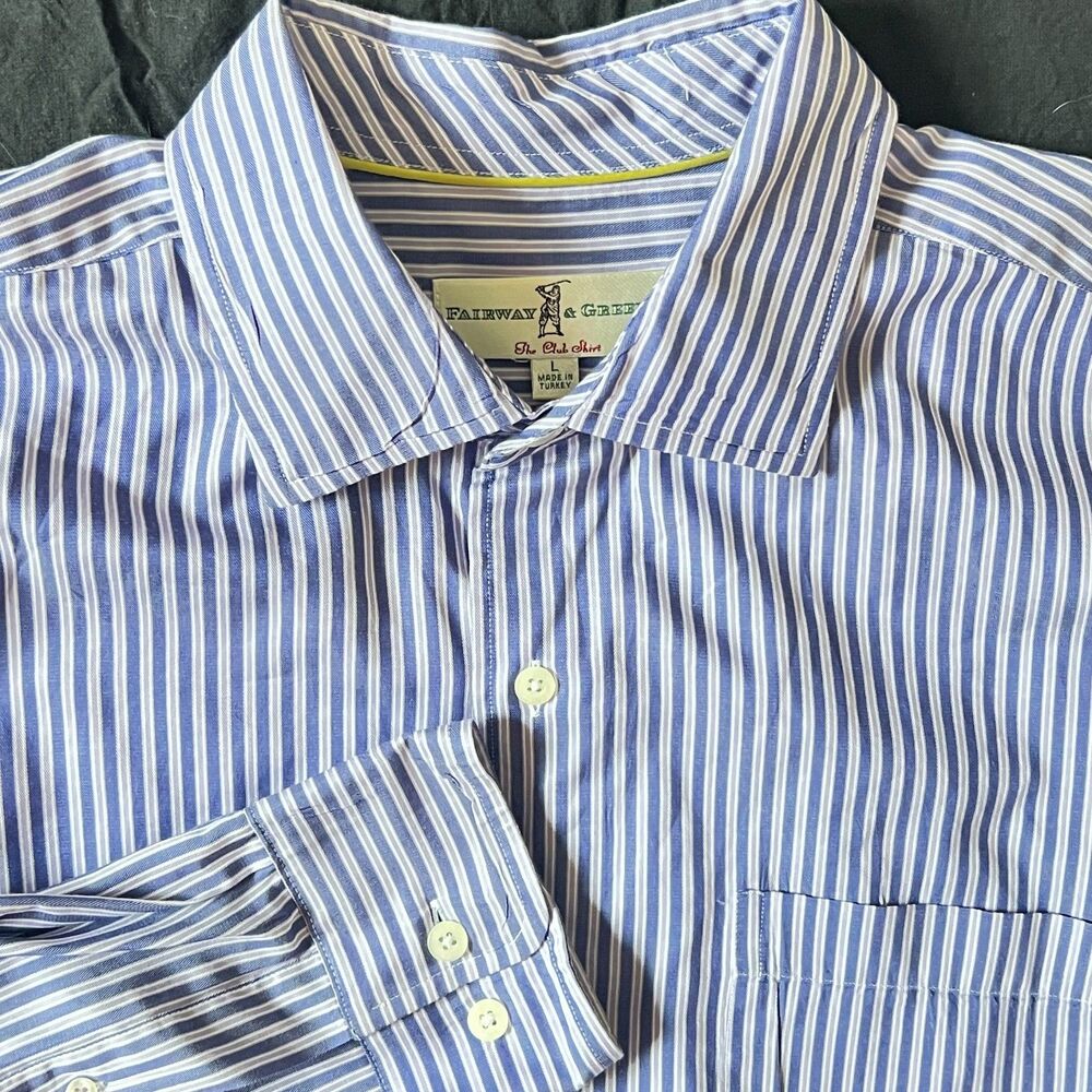 Fairway and Greene Mens The Club Shirt Button Up Large Stripe Blue Cotton